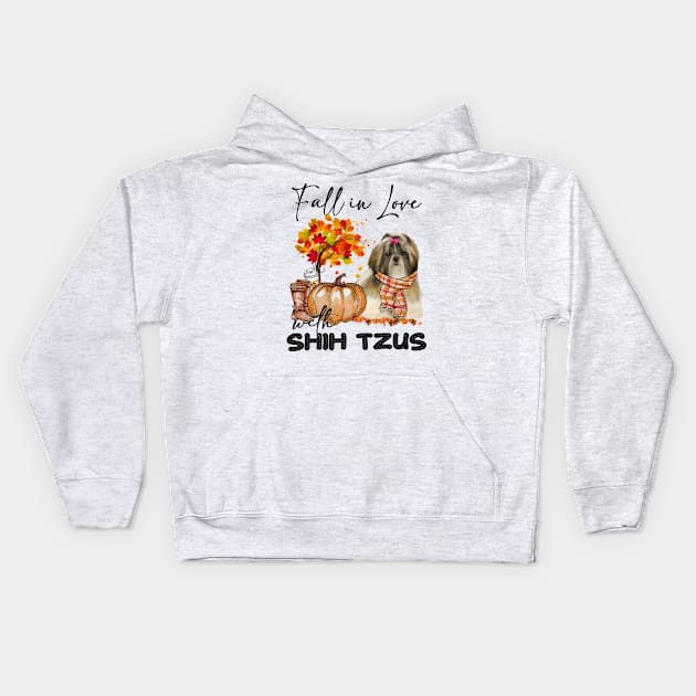 Fall In Love With Shih Tzus Fall Pumpkin Thanksgiving Kids Hoodie by Gearlds Leonia